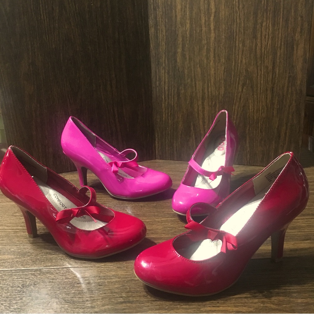 Pop Comfort Cushion Red & Pink Patent Heels Mary Jane Pumps Bow Size 8 (2 pair)